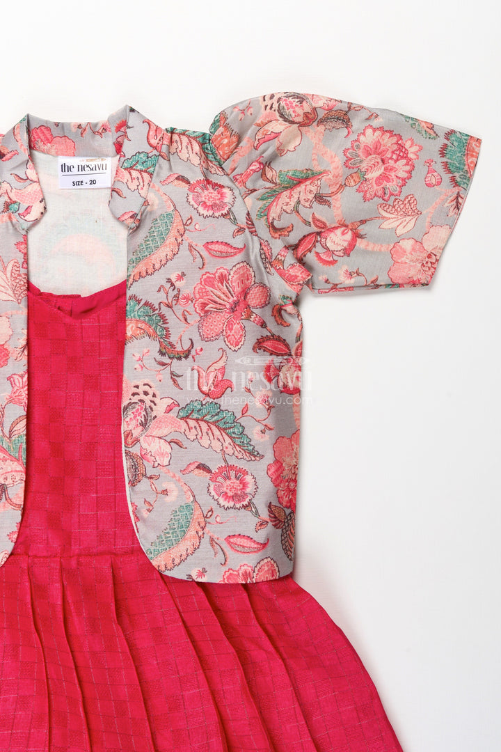 The Nesavu Silk Frock Girls Silk Cotton Red Floral Frock with Printed Chanderi Jacket and Elegant Pleated Skirt Nesavu Nesavu Red Floral Frock Girls Silk Cotton Printed Chanderi Overcoat Pleated Skirt