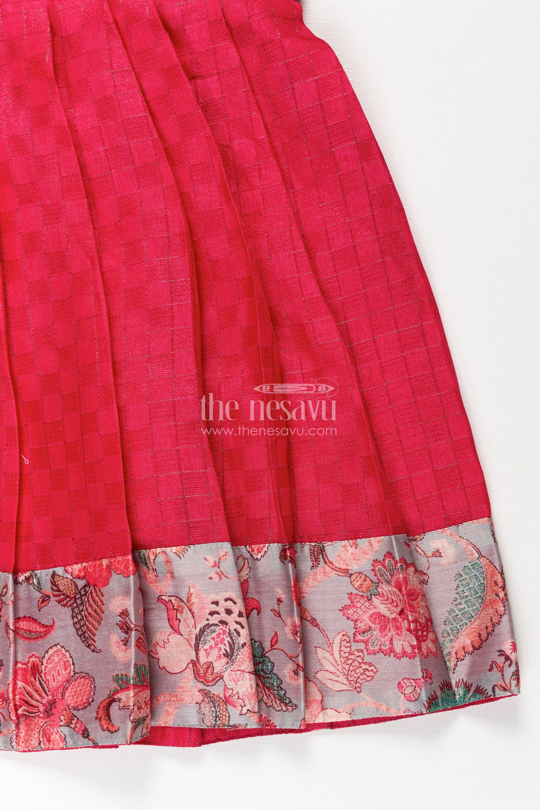 The Nesavu Silk Frock Girls Silk Cotton Red Floral Frock with Printed Chanderi Jacket and Elegant Pleated Skirt Nesavu Nesavu Red Floral Frock Girls Silk Cotton Printed Chanderi Overcoat Pleated Skirt