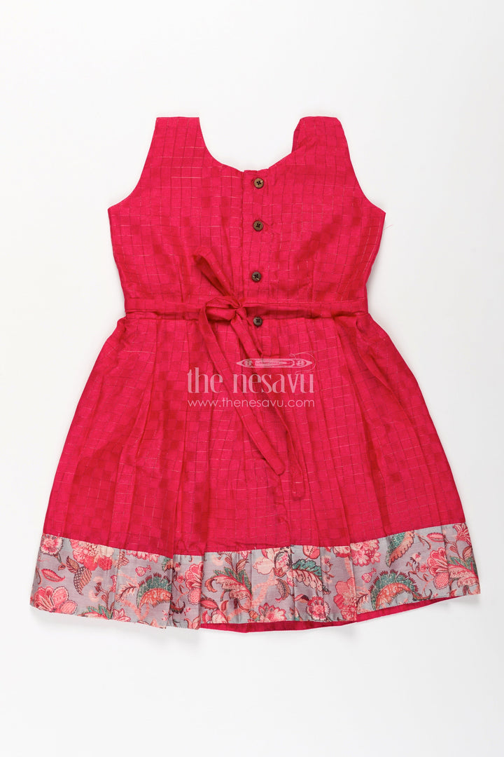 The Nesavu Silk Frock Girls Silk Cotton Red Floral Frock with Printed Chanderi Jacket and Elegant Pleated Skirt Nesavu Nesavu Red Floral Frock Girls Silk Cotton Printed Chanderi Overcoat Pleated Skirt