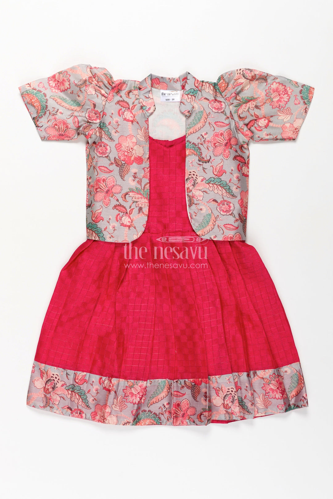 The Nesavu Silk Frock Girls Silk Cotton Red Floral Frock with Printed Chanderi Jacket and Elegant Pleated Skirt Nesavu Nesavu Red Floral Frock Girls Silk Cotton Printed Chanderi Overcoat Pleated Skirt