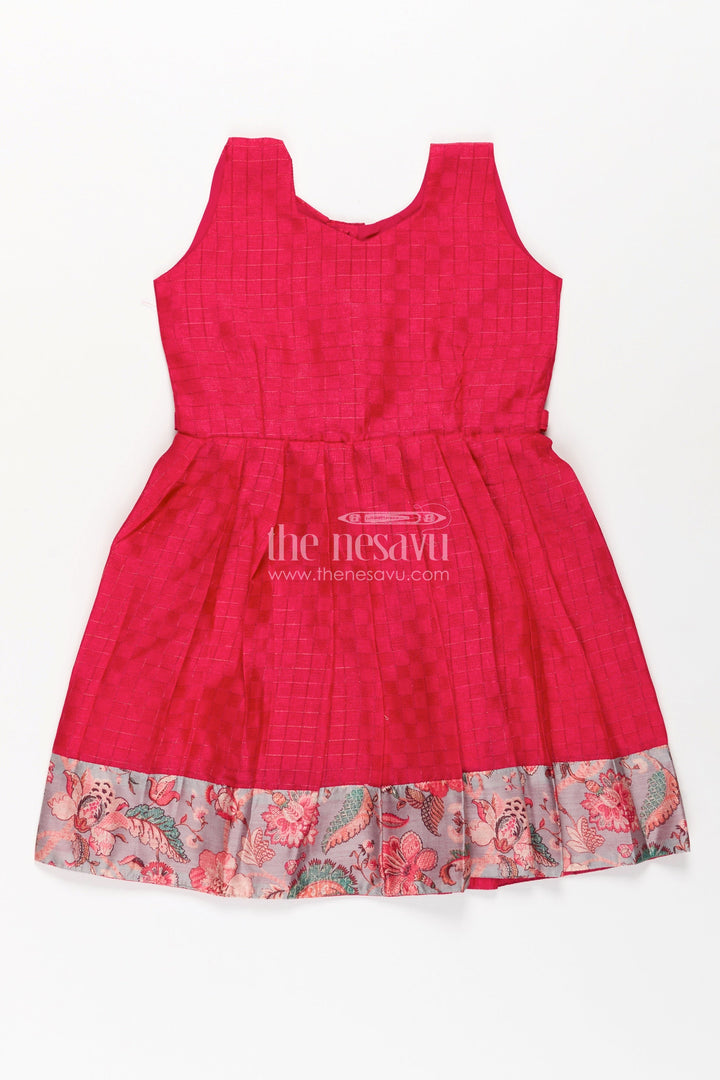 The Nesavu Silk Frock Girls Silk Cotton Red Floral Frock with Printed Chanderi Jacket and Elegant Pleated Skirt Nesavu Nesavu Red Floral Frock Girls Silk Cotton Printed Chanderi Overcoat Pleated Skirt