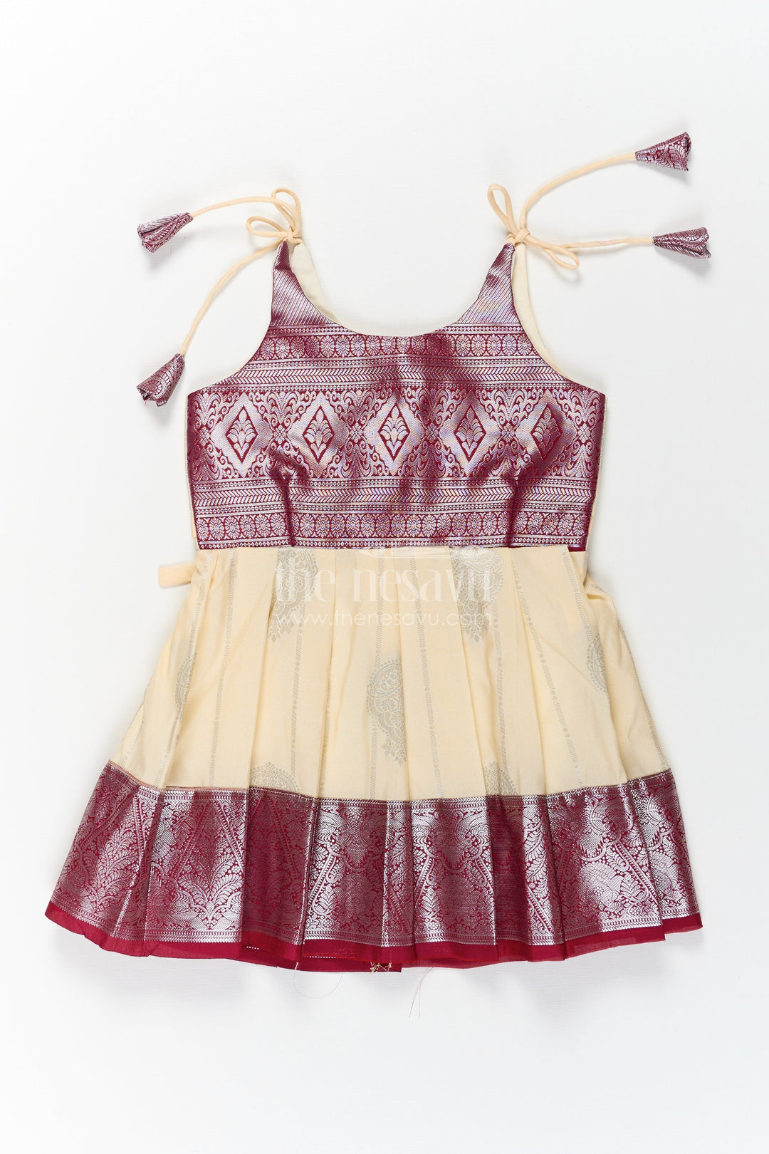 The Nesavu Tie-up Frock Girls Silk Dress Maroon in Semi Kanchivaram with Tie-Up Sleeves and Elegant Golden Pleated Zari Border Skirt Nesavu 16 (1Y) / Maroon / Style 2 SF859AB-16 Girls Silk Dress Maroon Tie-Up Frock in Semi Kanchivaram with Golden Mid Panel and Zari Pleats | The Nesavu