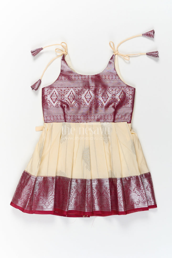The Nesavu Tie-up Frock Girls Silk Dress Maroon in Semi Kanchivaram with Tie-Up Sleeves and Elegant Golden Pleated Zari Border Skirt Nesavu 16 (1Y) / Maroon / Style 2 SF859AB-16 Girls Silk Dress Maroon Tie-Up Frock in Semi Kanchivaram with Golden Mid Panel and Zari Pleats | The Nesavu