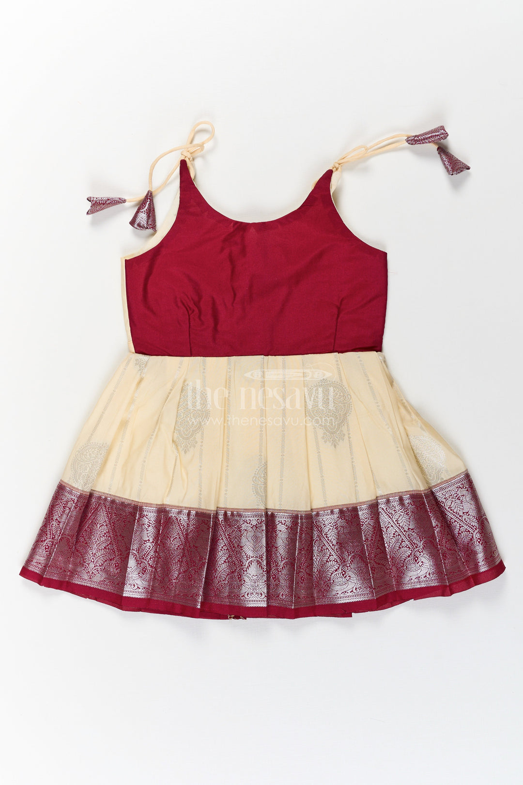The Nesavu Tie-up Frock Girls Silk Dress Maroon in Semi Kanchivaram with Tie-Up Sleeves and Elegant Golden Pleated Zari Border Skirt Nesavu 16 (1Y) / Maroon / Style 3 SF859AC-16 Girls Silk Dress Maroon Tie-Up Frock in Semi Kanchivaram with Golden Mid Panel and Zari Pleats | The Nesavu