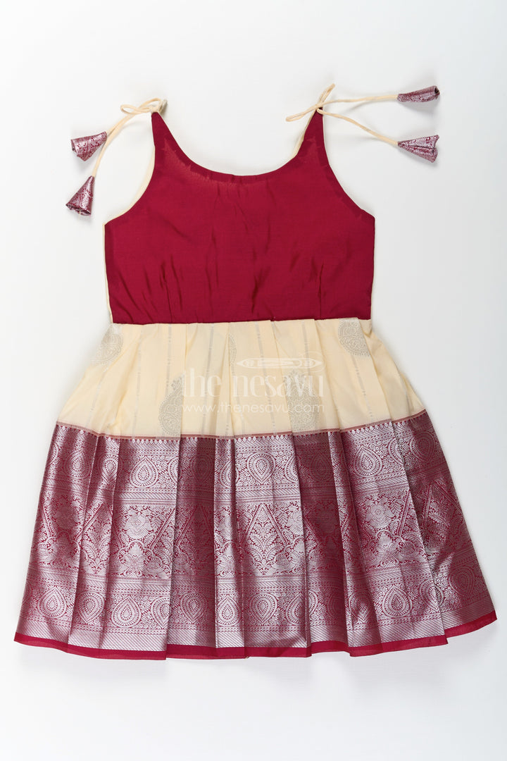 The Nesavu Tie-up Frock Girls Silk Dress Maroon in Semi Kanchivaram with Tie-Up Sleeves and Elegant Golden Pleated Zari Border Skirt Nesavu 20 (3Y) / Maroon / Style 1 SF859AA-20 Girls Silk Dress Maroon Tie-Up Frock in Semi Kanchivaram with Golden Mid Panel and Zari Pleats | The Nesavu