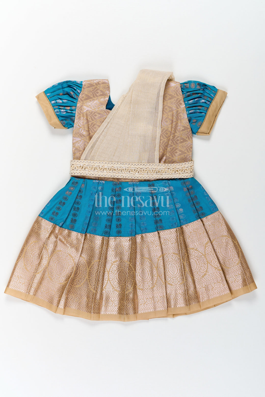 The Nesavu Girls Kanchi Silk Frock Girls Silk Dress Royal Blue with Semi Kanchivaram Weave Thread Embroidery and Lace Detailed Dupatta Nesavu 16 (1Y) / Blue / Style 1 SF843AA-16 Royal Blue Girls Silk Dress in Semi Kanchivaram with Embroidered Dupatta and Golden Zari Details | The Nesavu