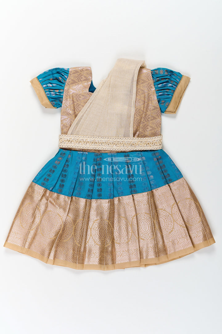 The Nesavu Girls Kanchi Silk Frock Girls Silk Dress Royal Blue with Semi Kanchivaram Weave Thread Embroidery and Lace Detailed Dupatta Nesavu 16 (1Y) / Blue / Style 1 SF843AA-16 Royal Blue Girls Silk Dress in Semi Kanchivaram with Embroidered Dupatta and Golden Zari Details | The Nesavu