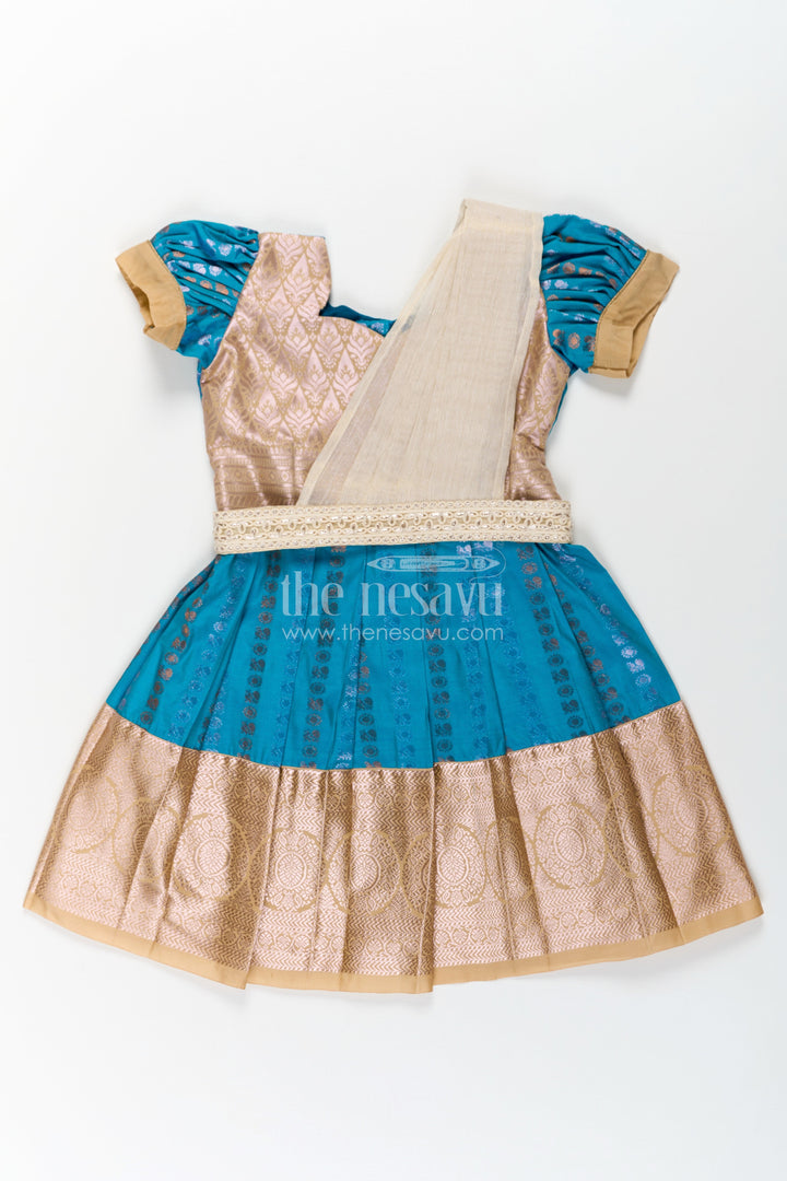 The Nesavu Girls Kanchi Silk Frock Girls Silk Dress Royal Blue with Semi Kanchivaram Weave Thread Embroidery and Lace Detailed Dupatta Nesavu 20 (3Y) / Blue / Style 2 SF843AB-20 Royal Blue Girls Silk Dress in Semi Kanchivaram with Embroidered Dupatta and Golden Zari Details | The Nesavu