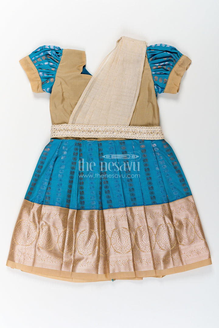 The Nesavu Girls Kanchi Silk Frock Girls Silk Dress Royal Blue with Semi Kanchivaram Weave Thread Embroidery and Lace Detailed Dupatta Nesavu 20 (3Y) / Blue / Style 3 SF843AC-20 Royal Blue Girls Silk Dress in Semi Kanchivaram with Embroidered Dupatta and Golden Zari Details | The Nesavu