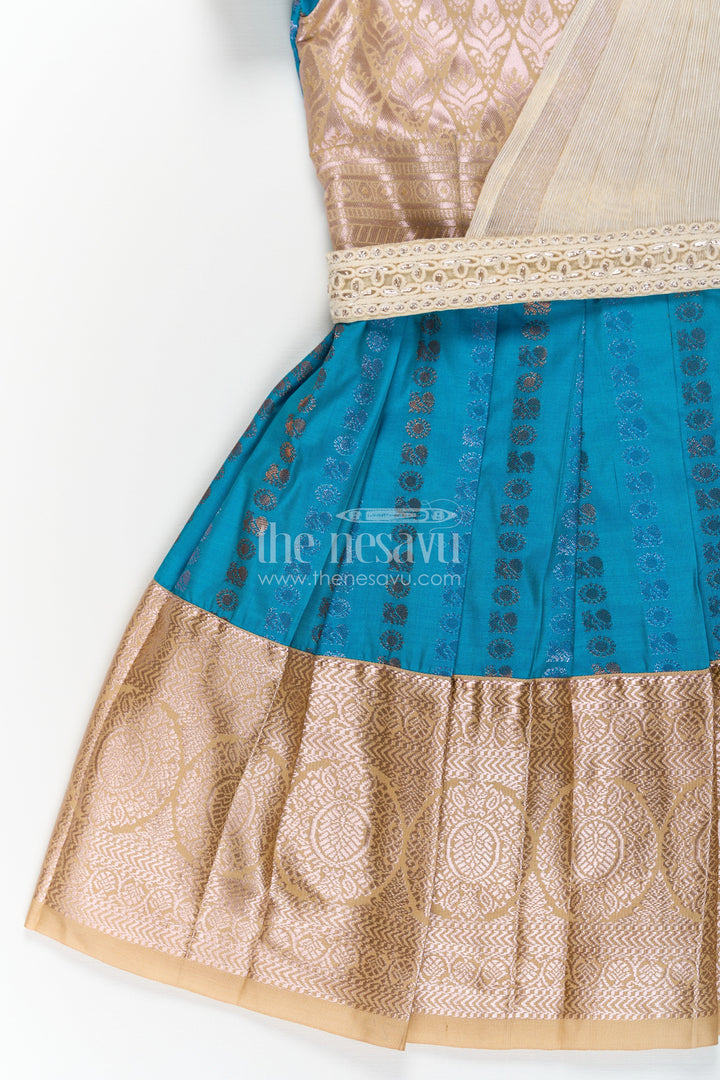 The Nesavu Girls Kanchi Silk Frock Girls Silk Dress Royal Blue with Semi Kanchivaram Weave Thread Embroidery and Lace Detailed Dupatta Nesavu Nesavu Royal Blue Girls Silk Dress in Semi Kanchivaram with Embroidered Dupatta and Golden Zari Details