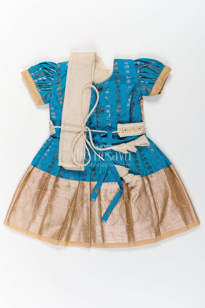 The Nesavu Girls Kanchi Silk Frock Girls Silk Dress Royal Blue with Semi Kanchivaram Weave Thread Embroidery and Lace Detailed Dupatta Nesavu Royal Blue Girls Silk Dress in Semi Kanchivaram with Embroidered Dupatta and Golden Zari Details | The Nesavu