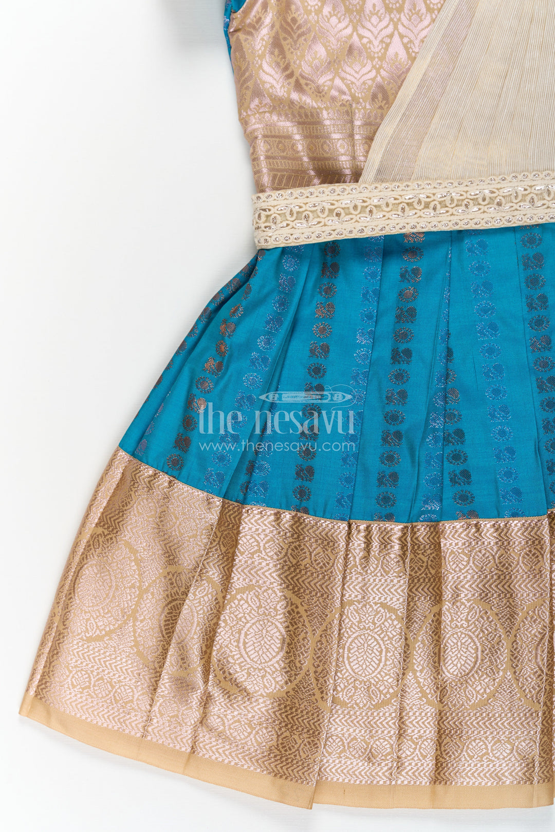 The Nesavu Girls Kanchi Silk Frock Girls Silk Dress Royal Blue with Semi Kanchivaram Weave Thread Embroidery and Lace Detailed Dupatta Nesavu Royal Blue Girls Silk Dress in Semi Kanchivaram with Embroidered Dupatta and Golden Zari Details | The Nesavu
