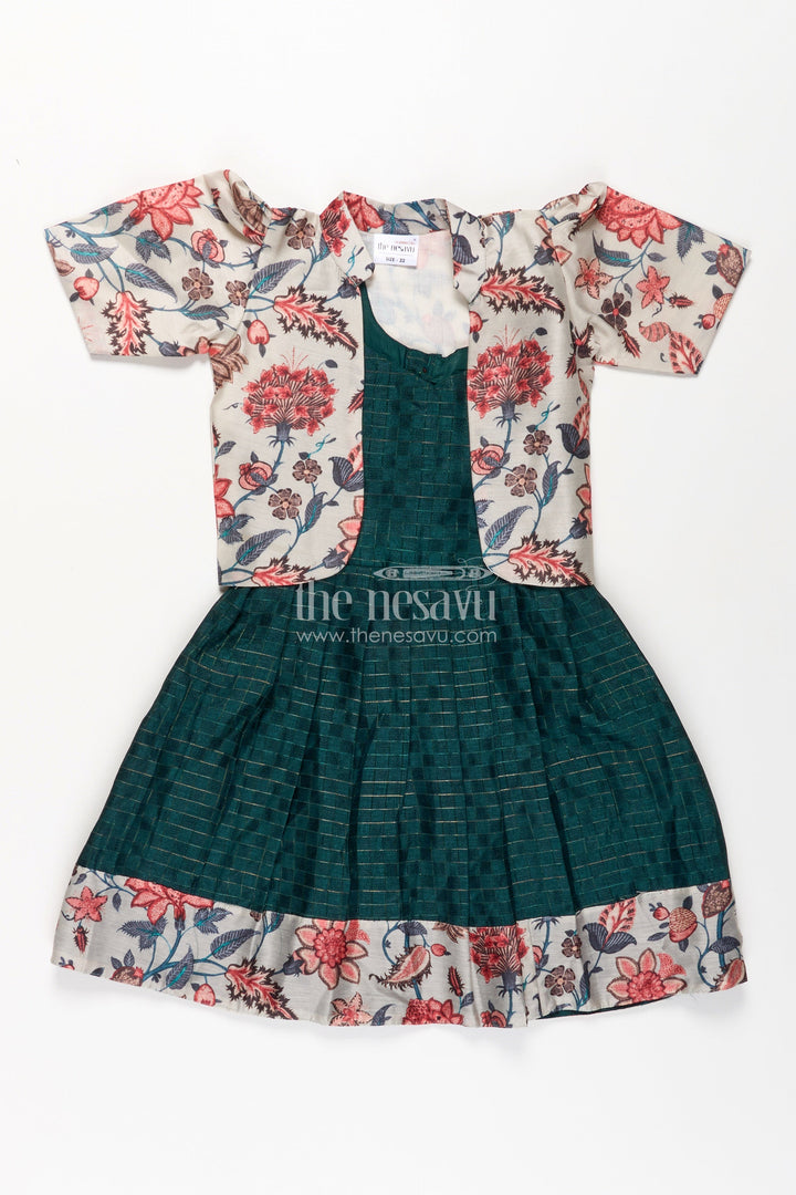 The Nesavu Silk Frock Girls Silk Frock for Baby in Deep Green with Floral Chanderi Jacket and Soft Pleated Skirt Nesavu 18 (2Y) / Green SF1022A-18 Nesavu Silk Frock Baby Girls Deep Green Chanderi Floral Overcoat Printed Border