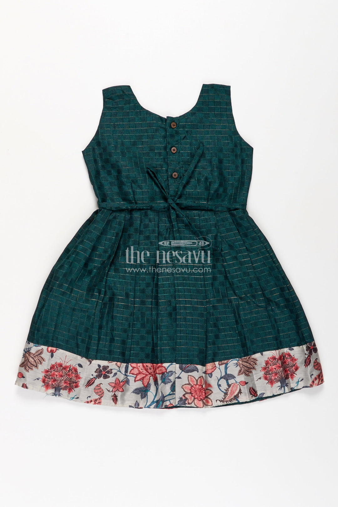 The Nesavu Silk Frock Girls Silk Frock for Baby in Deep Green with Floral Chanderi Jacket and Soft Pleated Skirt Nesavu Nesavu Silk Frock Baby Girls Deep Green Chanderi Floral Overcoat Printed Border