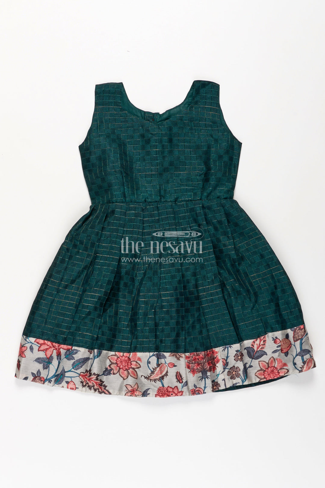 The Nesavu Silk Frock Girls Silk Frock for Baby in Deep Green with Floral Chanderi Jacket and Soft Pleated Skirt Nesavu Nesavu Silk Frock Baby Girls Deep Green Chanderi Floral Overcoat Printed Border
