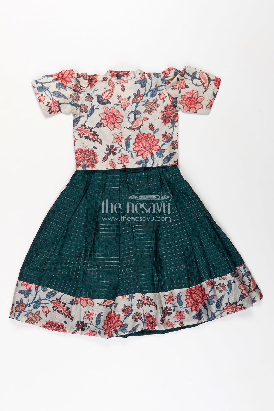 The Nesavu Silk Frock Girls Silk Frock for Baby in Deep Green with Floral Chanderi Jacket and Soft Pleated Skirt Nesavu Nesavu Silk Frock Baby Girls Deep Green Chanderi Floral Overcoat Printed Border