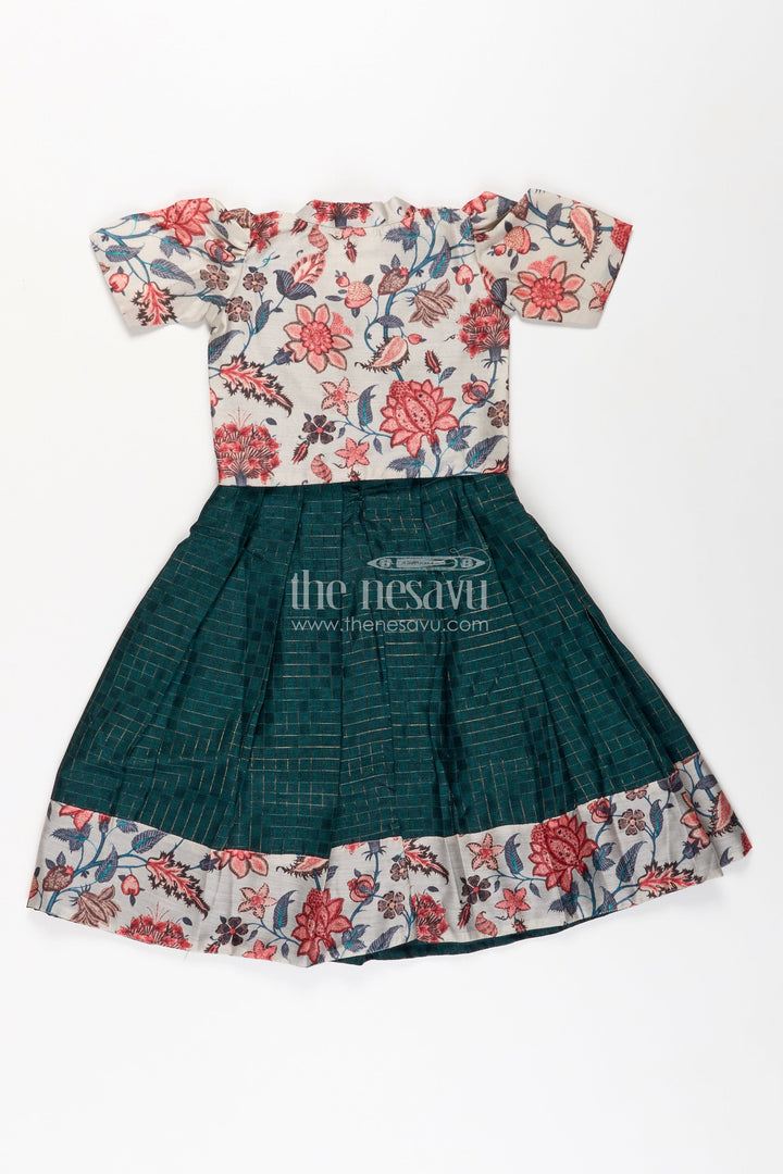 The Nesavu Silk Frock Girls Silk Frock for Baby in Deep Green with Floral Chanderi Jacket and Soft Pleated Skirt Nesavu Nesavu Silk Frock Baby Girls Deep Green Chanderi Floral Overcoat Printed Border