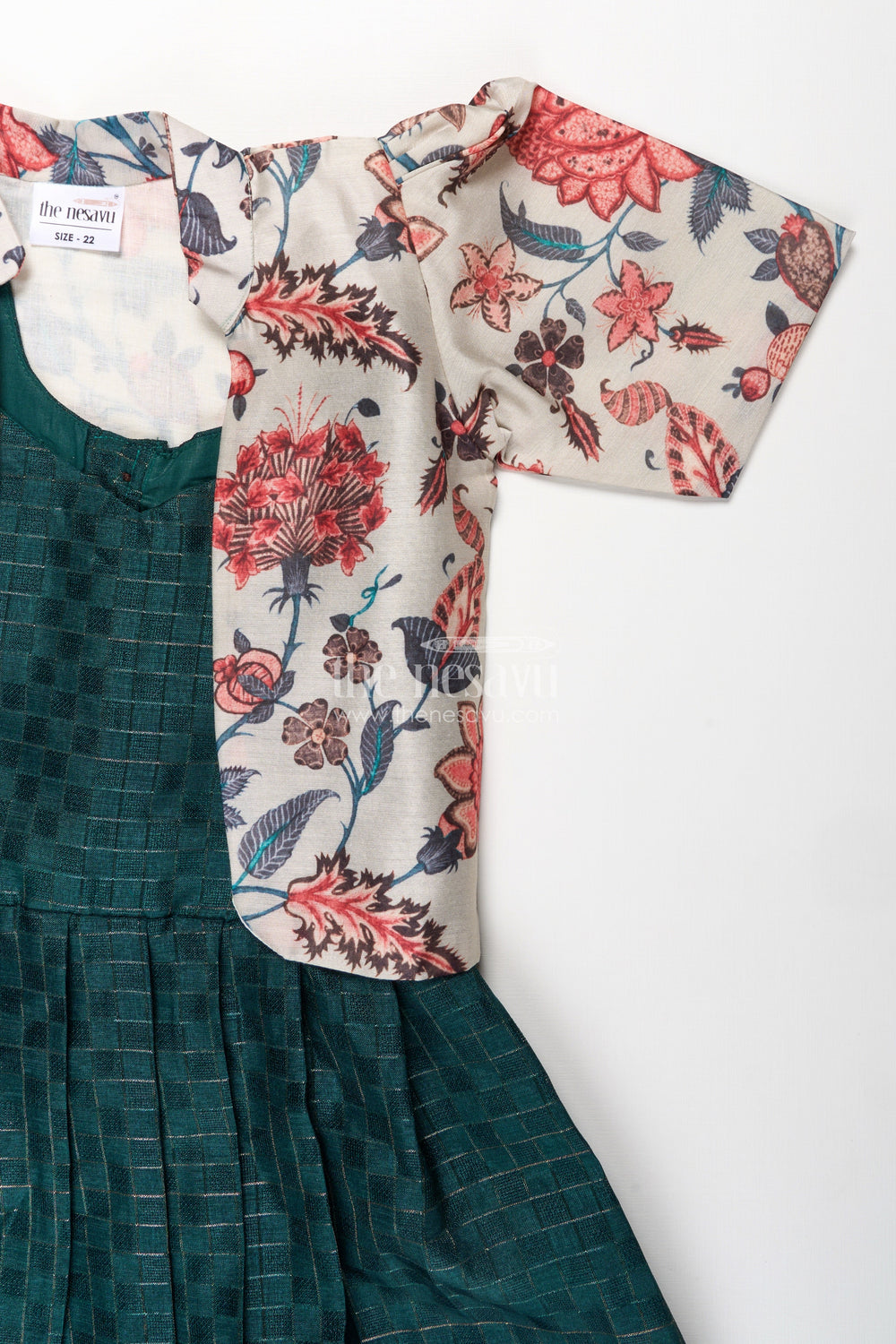 The Nesavu Silk Frock Girls Silk Frock for Baby in Deep Green with Floral Chanderi Jacket and Soft Pleated Skirt Nesavu Nesavu Silk Frock Baby Girls Deep Green Chanderi Floral Overcoat Printed Border