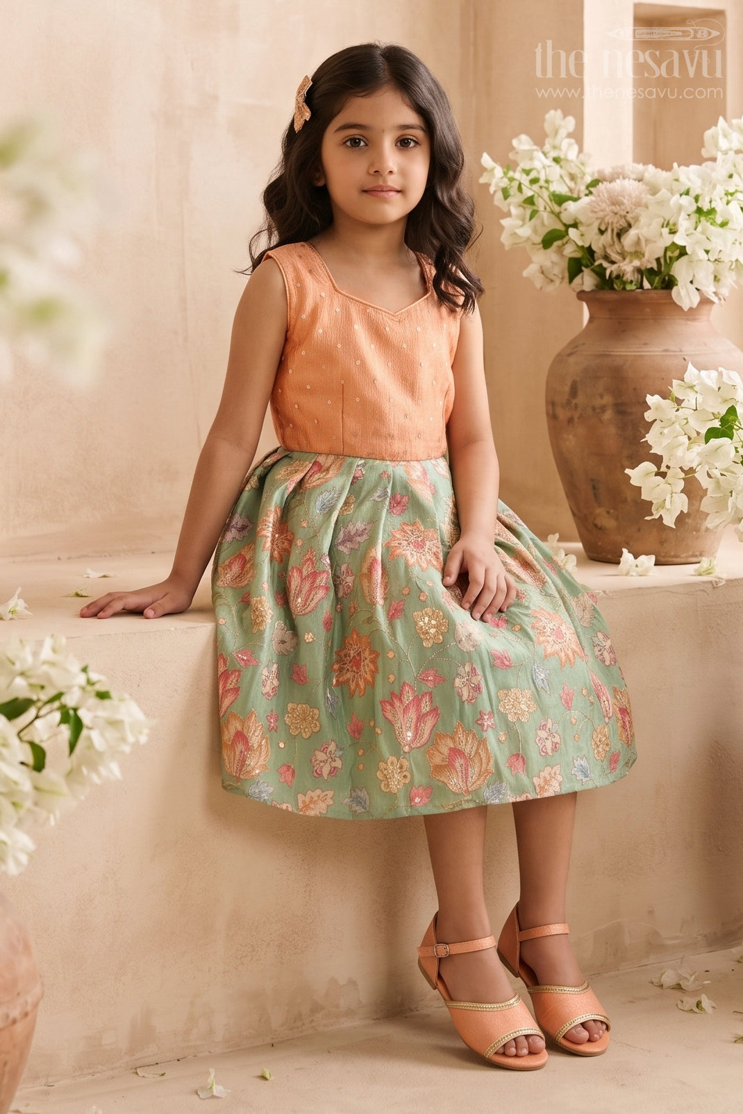 The Nesavu Silk Frock Girls Silk Frock for Festive Gatherings and Family Celebrations Nesavu 16 (1Y) / Orange / Semi Banarasi SF1178A-16 Nesavu Girls Semi Banaras Silk Frock With Sequence Embroidery For Festive Celebrations SF1178A-16
