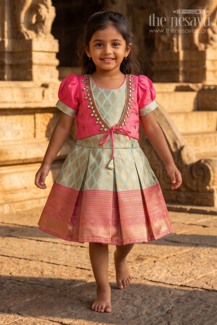 The Nesavu Silk Frock Girls Silk Frock for Festive Wear and Traditional Events Nesavu 16 (1Y) / Green / Semi Banarasi SF1153A-16 Nesavu Girls Green Silk Frock Semi Banaras With Big Border For Festive And Traditional Occasions