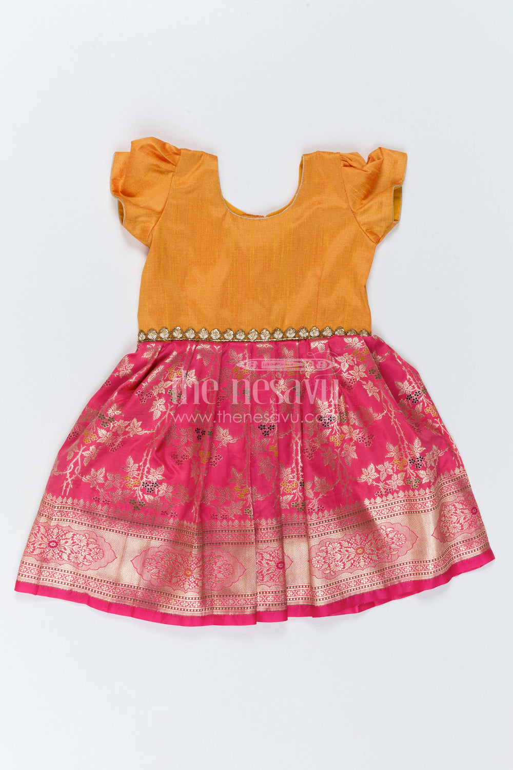 The Nesavu Silk Frock Girls Silk Frock for Festive Weddings and Birthday Parties Nesavu 20 (3Y) / Orange / Semi Banarasi SF1169A-20 Nesavu Girls Silk Frock With Banarasi Skirt For Weddings And Festive Birthday Celebrations