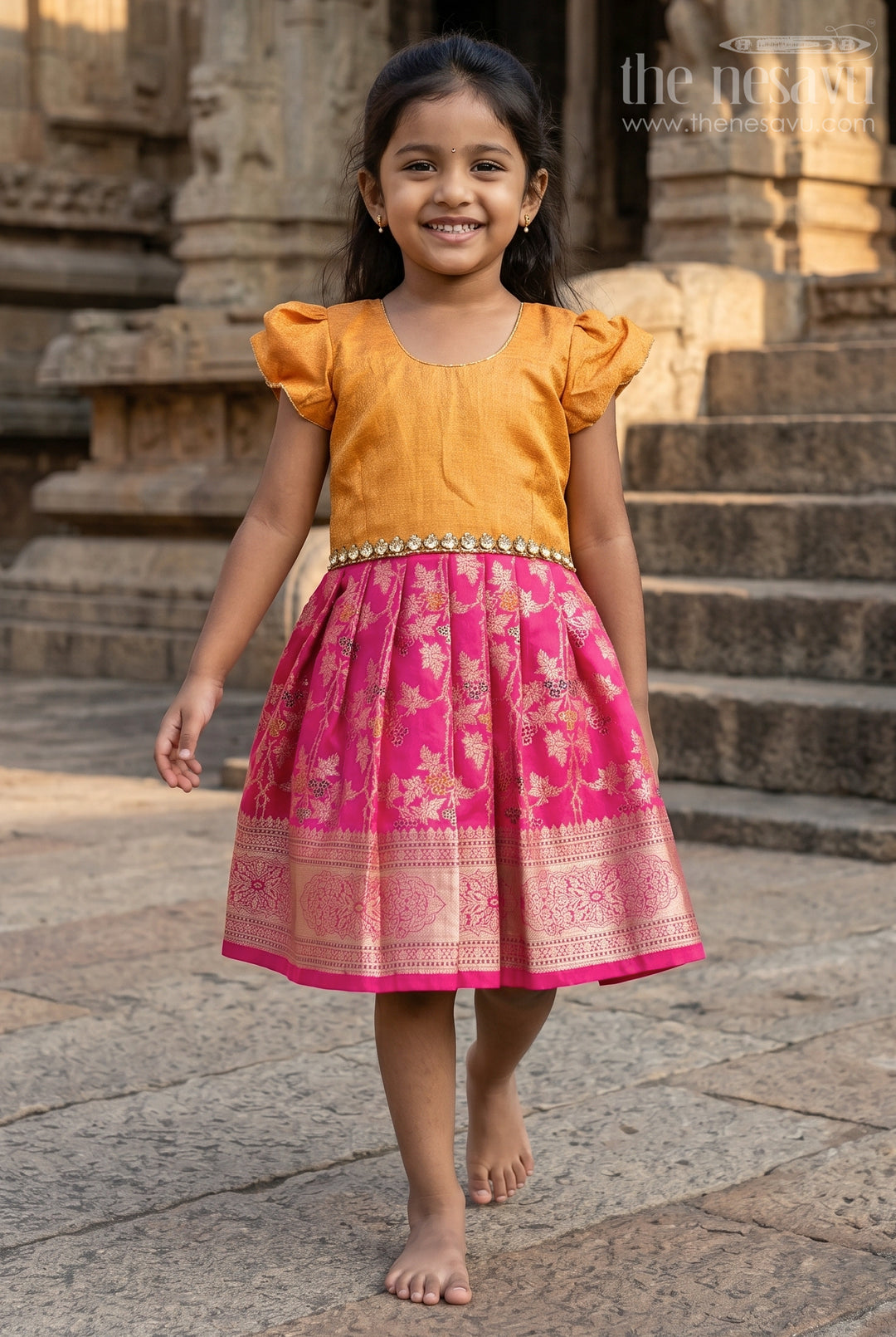The Nesavu Silk Frock Girls Silk Frock for Festive Weddings and Birthday Parties Nesavu 20 (3Y) / Orange / Semi Banarasi SF1169A-20 Nesavu Girls Silk Frock With Banarasi Skirt For Weddings And Festive Birthday Celebrations