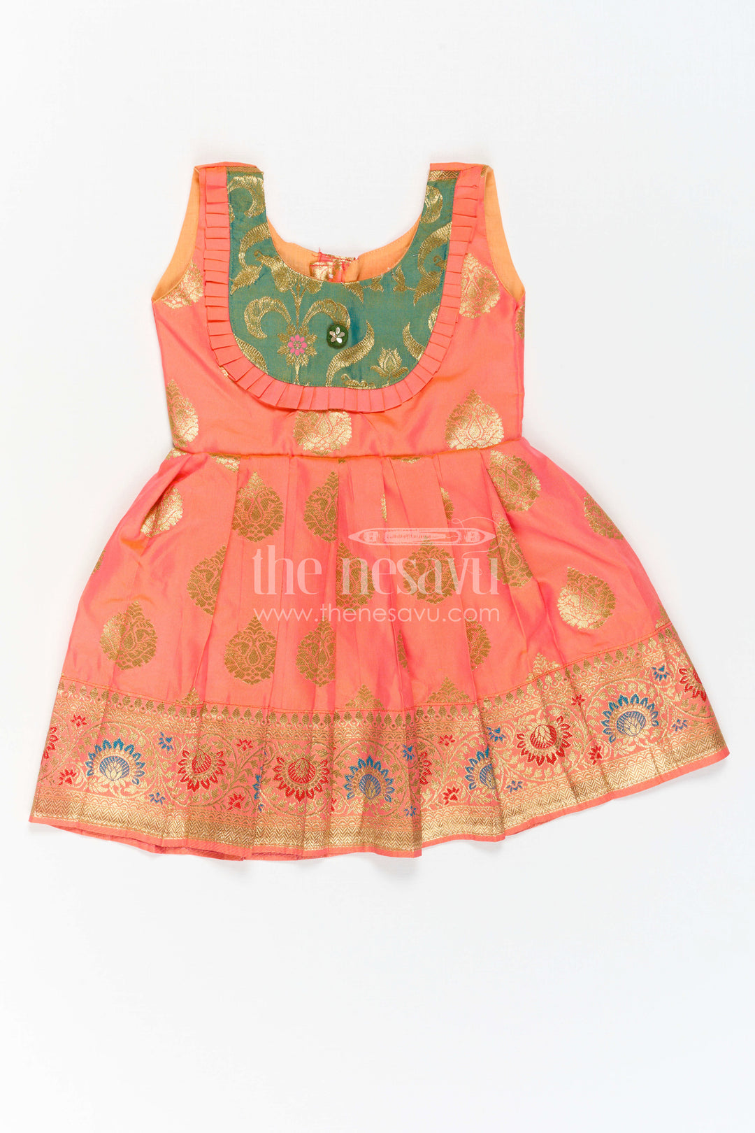 The Nesavu Girls Kanchi Silk Frock Girls Silk Frock for Navaratri Celebrations and Traditional Events Nesavu 16 (1Y) / Orange / Style 3 KSF042AC-16 Nesavu Girls Semi Kanchivaram Silk Frock With Grand Border For Festive And Cultural Occasions