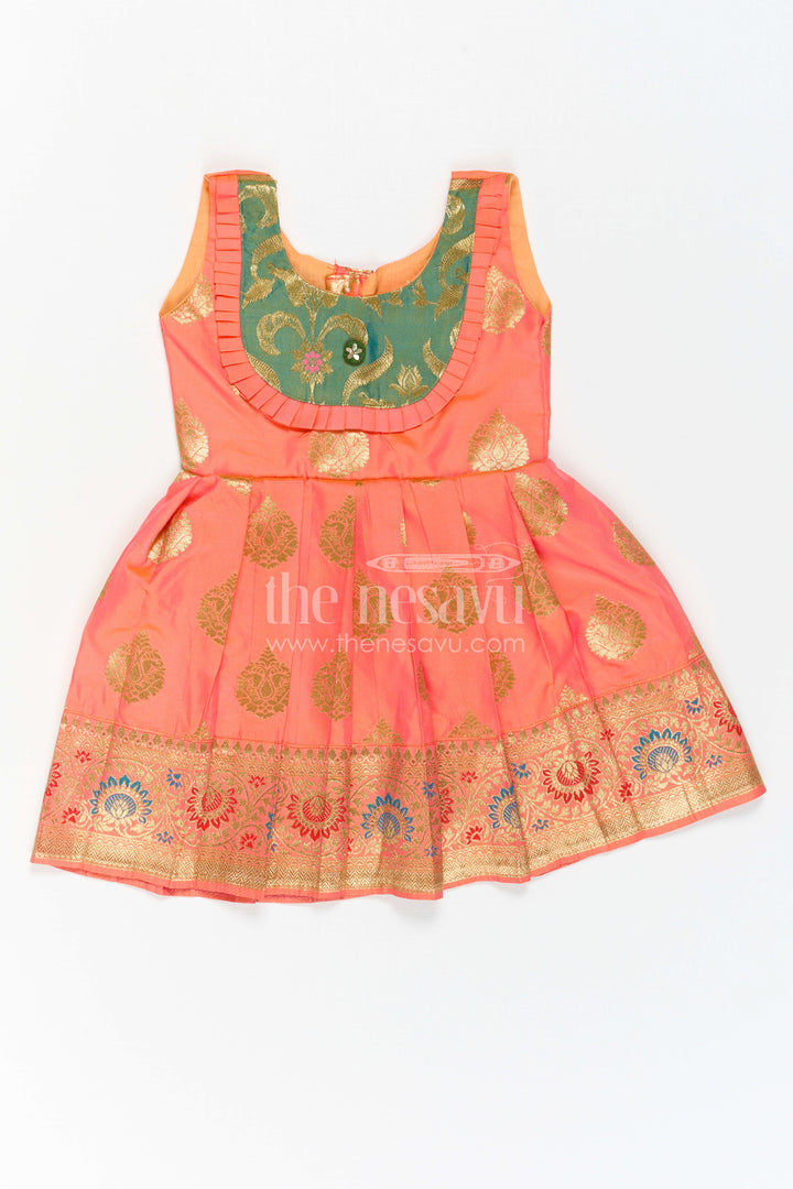 The Nesavu Girls Kanchi Silk Frock Girls Silk Frock for Navaratri Celebrations and Traditional Events Nesavu 16 (1Y) / Orange / Style 3 KSF042AC-16 Nesavu Girls Semi Kanchivaram Silk Frock With Grand Border For Festive And Cultural Occasions