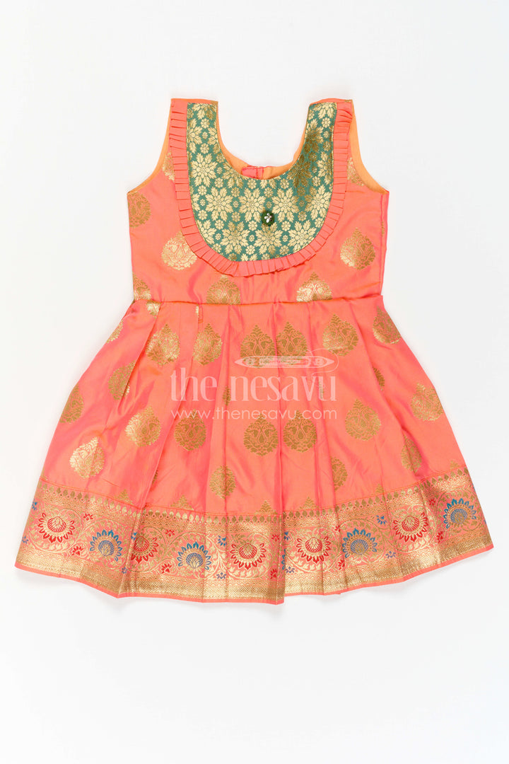 The Nesavu Girls Kanchi Silk Frock Girls Silk Frock for Navaratri Celebrations and Traditional Events Nesavu 20 (3Y) / Orange / Style 2 KSF042AB-20 Nesavu Girls Semi Kanchivaram Silk Frock With Grand Border For Festive And Cultural Occasions