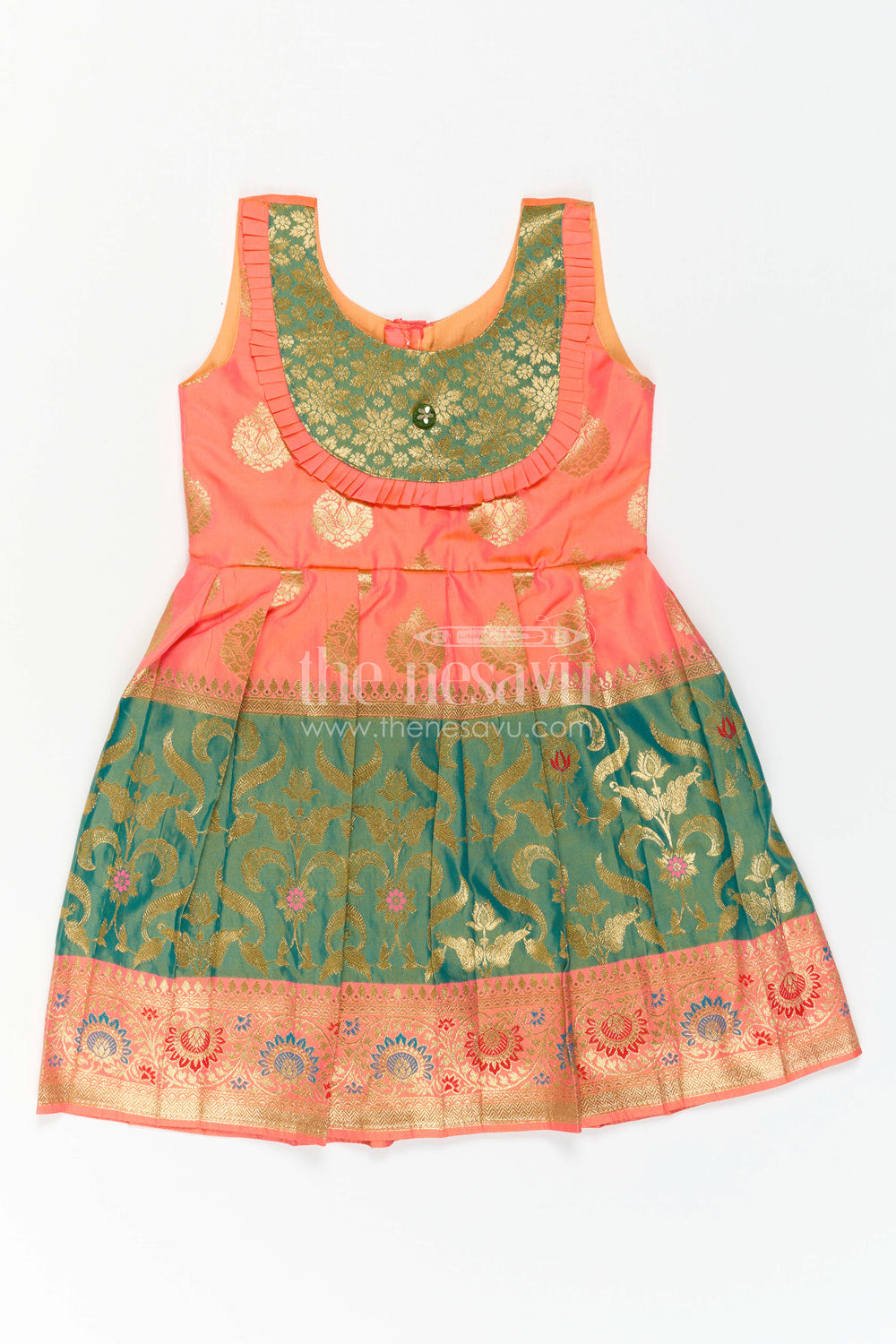 The Nesavu Girls Kanchi Silk Frock Girls Silk Frock for Navaratri Celebrations and Traditional Events Nesavu 22 (4Y) / Orange / Style 1 KSF042AA-22 Nesavu Girls Semi Kanchivaram Silk Frock With Grand Border For Festive And Cultural Occasions