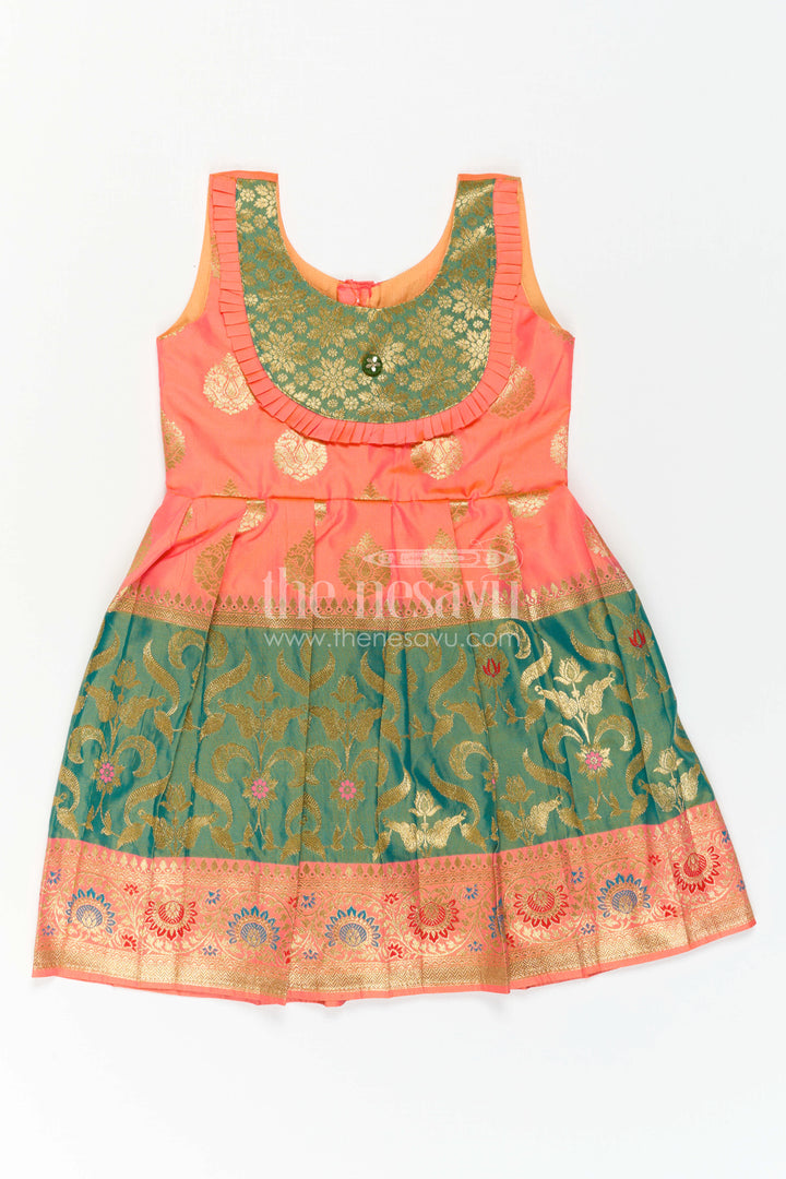 The Nesavu Girls Kanchi Silk Frock Girls Silk Frock for Navaratri Celebrations and Traditional Events Nesavu 22 (4Y) / Orange / Style 1 KSF042AA-22 Nesavu Girls Semi Kanchivaram Silk Frock With Grand Border For Festive And Cultural Occasions