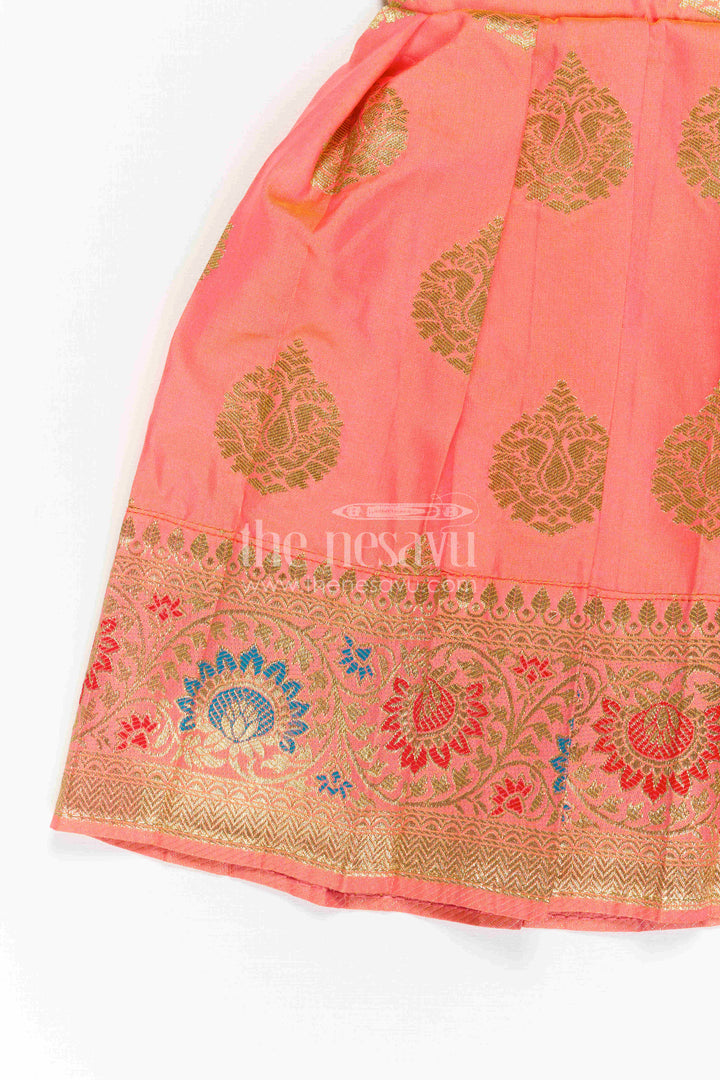 The Nesavu Girls Kanchi Silk Frock Girls Silk Frock for Navaratri Celebrations and Traditional Events Nesavu Nesavu Girls Semi Kanchivaram Silk Frock With Grand Border For Festive And Cultural Occasions