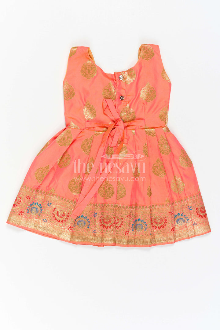 The Nesavu Girls Kanchi Silk Frock Girls Silk Frock for Navaratri Celebrations and Traditional Events Nesavu Nesavu Girls Semi Kanchivaram Silk Frock With Grand Border For Festive And Cultural Occasions