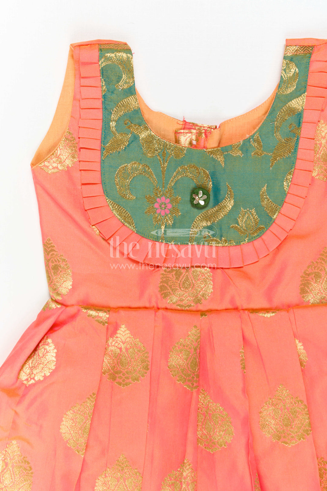 The Nesavu Girls Kanchi Silk Frock Girls Silk Frock for Navaratri Celebrations and Traditional Events Nesavu Nesavu Girls Semi Kanchivaram Silk Frock With Grand Border For Festive And Cultural Occasions