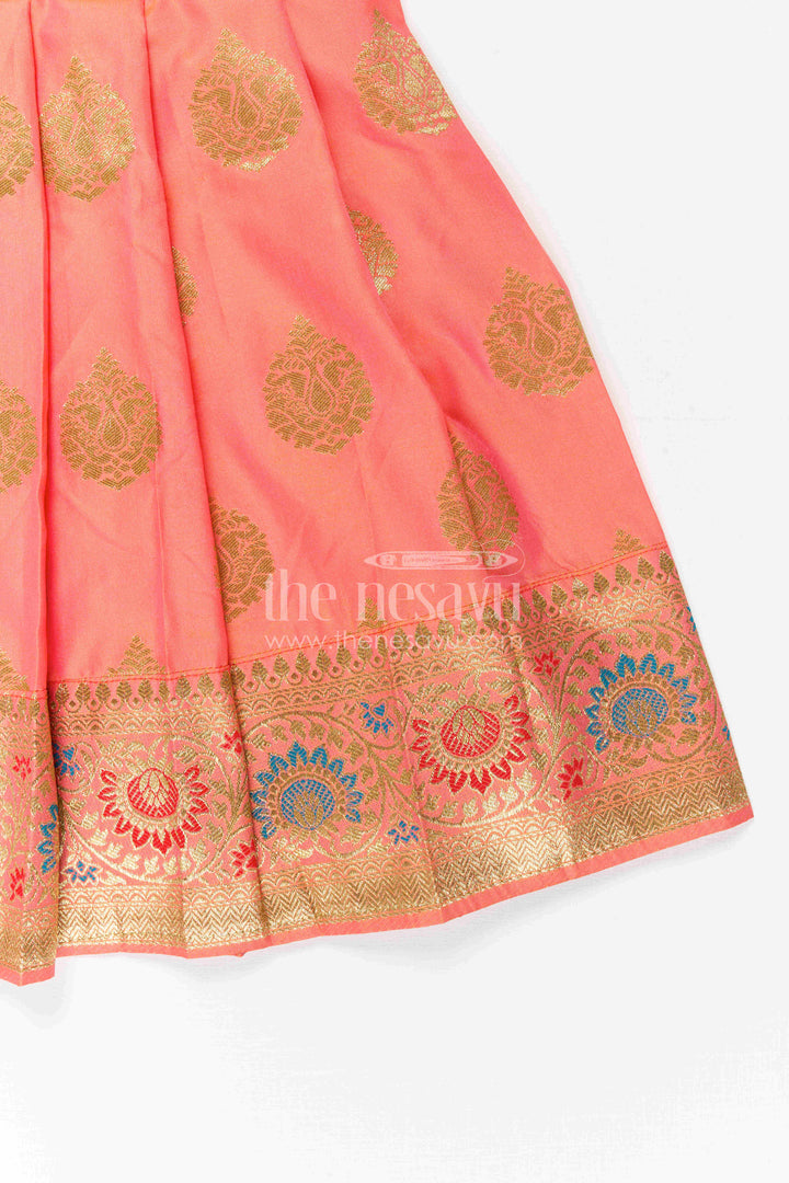 The Nesavu Girls Kanchi Silk Frock Girls Silk Frock for Navaratri Celebrations and Traditional Events Nesavu Nesavu Girls Semi Kanchivaram Silk Frock With Grand Border For Festive And Cultural Occasions