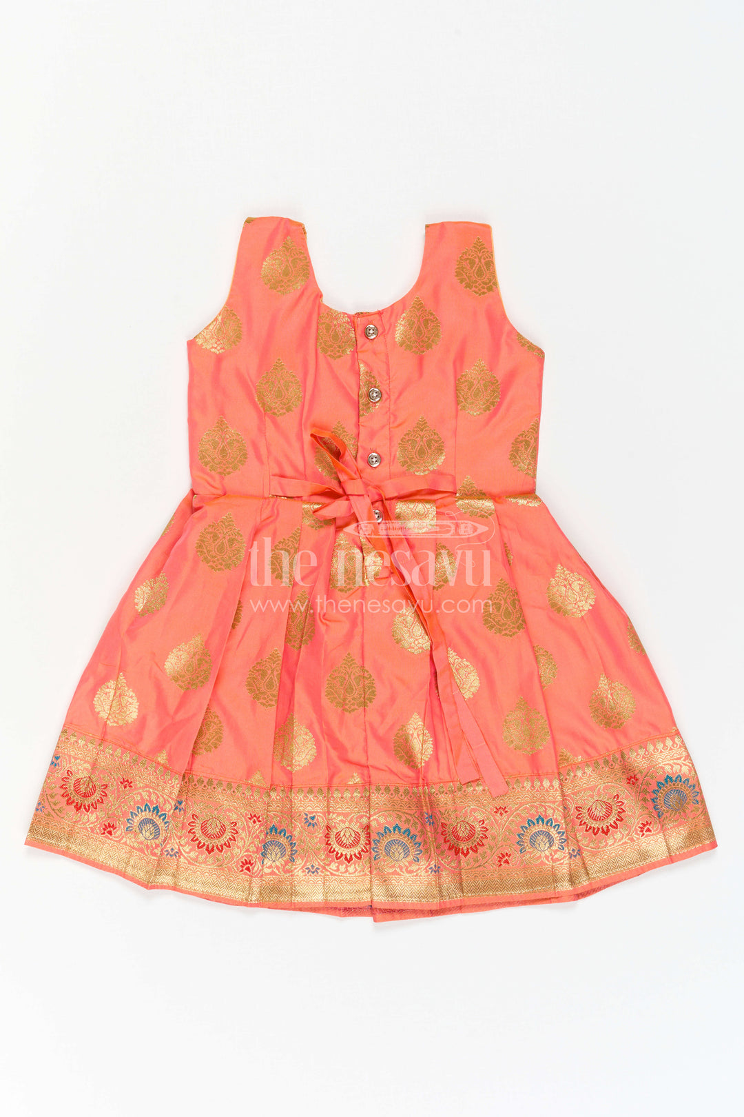 The Nesavu Girls Kanchi Silk Frock Girls Silk Frock for Navaratri Celebrations and Traditional Events Nesavu Nesavu Girls Semi Kanchivaram Silk Frock With Grand Border For Festive And Cultural Occasions
