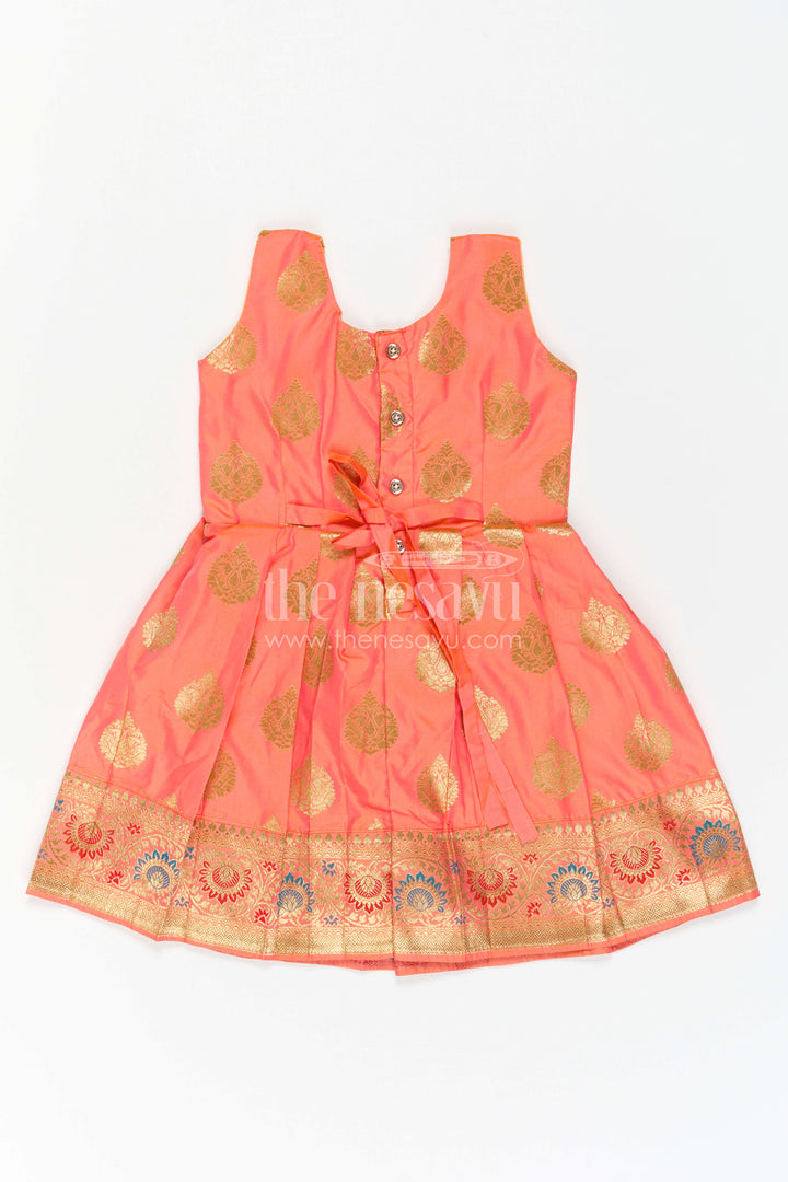 The Nesavu Girls Kanchi Silk Frock Girls Silk Frock for Navaratri Celebrations and Traditional Events Nesavu Nesavu Girls Semi Kanchivaram Silk Frock With Grand Border For Festive And Cultural Occasions