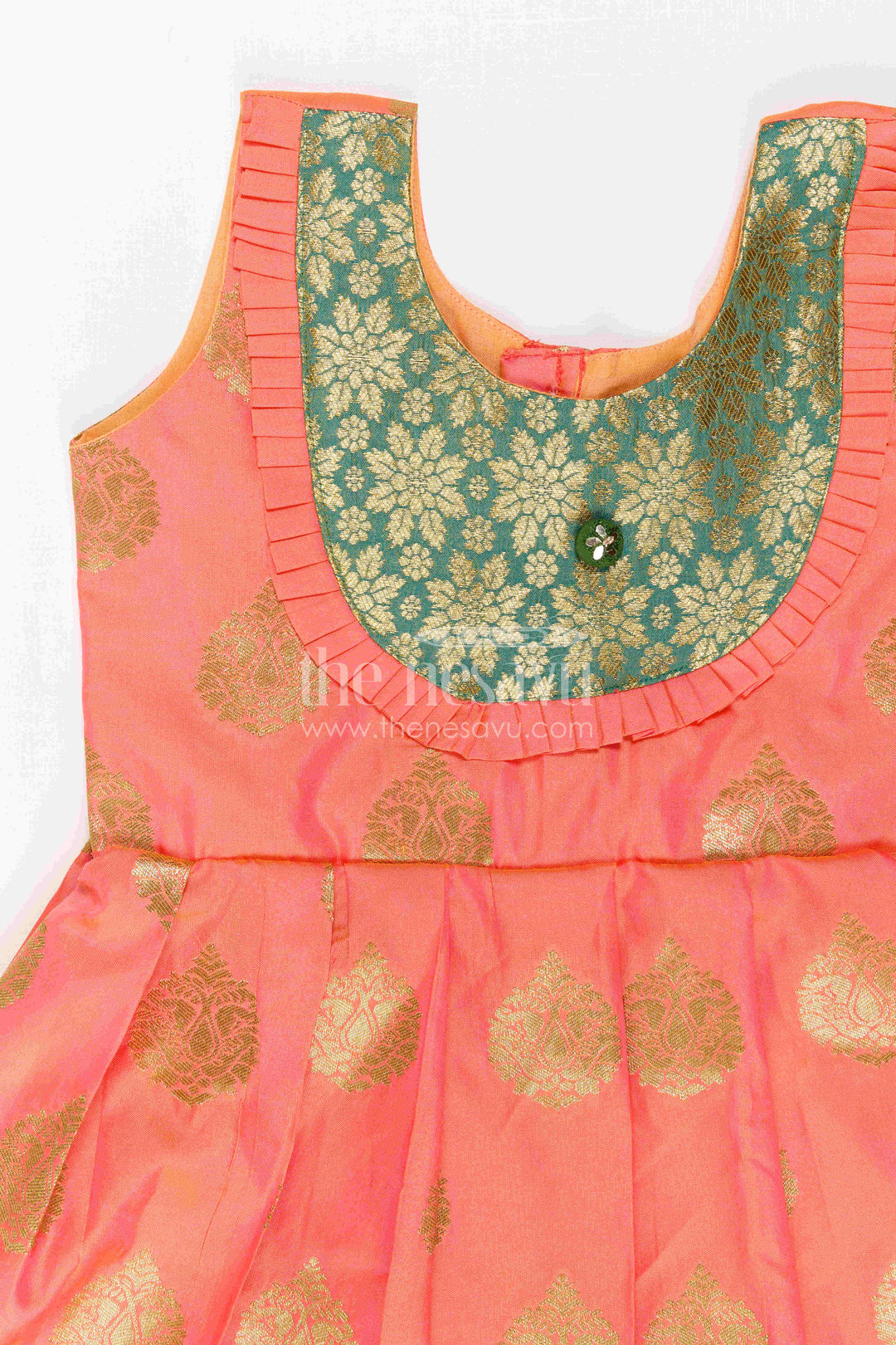 The Nesavu Girls Kanchi Silk Frock Girls Silk Frock for Navaratri Celebrations and Traditional Events Nesavu Nesavu Girls Semi Kanchivaram Silk Frock With Grand Border For Festive And Cultural Occasions