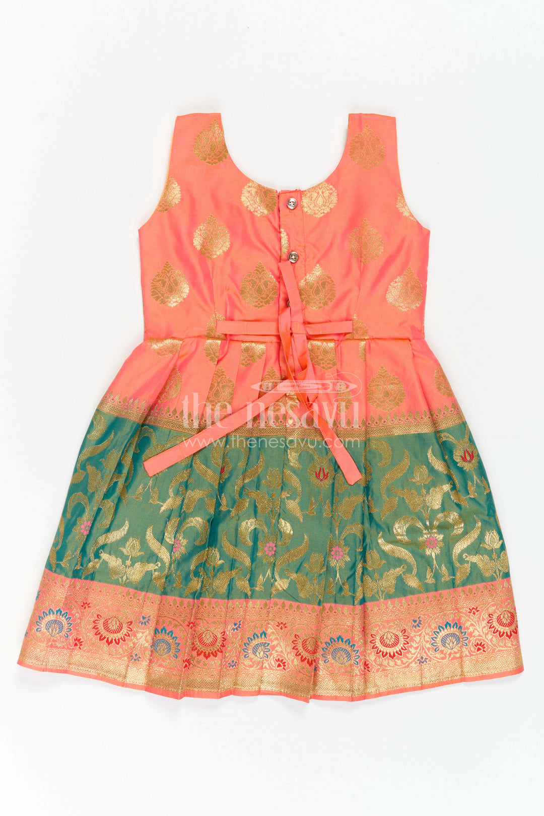 The Nesavu Girls Kanchi Silk Frock Girls Silk Frock for Navaratri Celebrations and Traditional Events Nesavu Nesavu Girls Semi Kanchivaram Silk Frock With Grand Border For Festive And Cultural Occasions