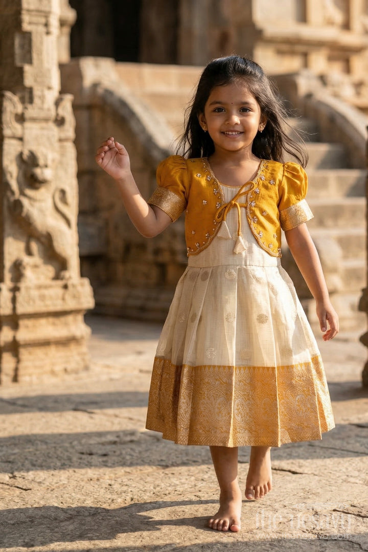 The Nesavu Silk Frock Girls Silk Frock for Traditional Celebrations and Family Functions Nesavu 16 (1Y) / Yellow / Silk Blend SF1133A-16 Nesavu girls blend silk frock with tissue skirt for festive weddings