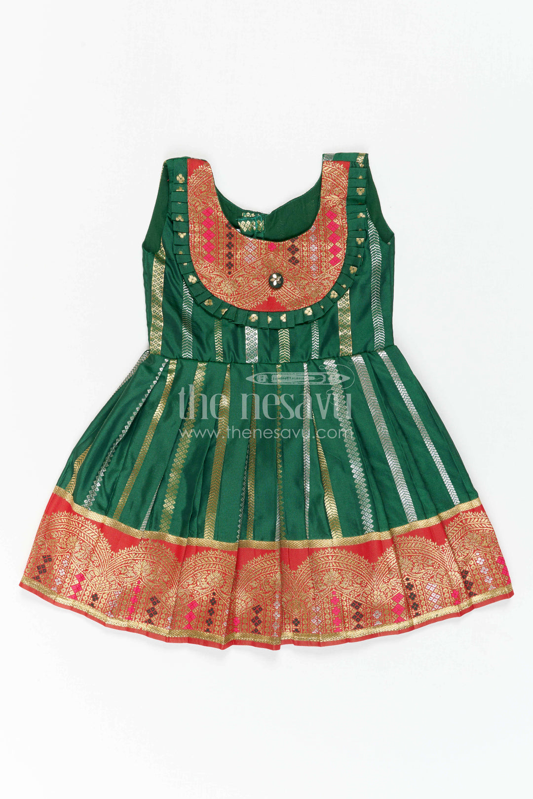 The Nesavu Girls Kanchi Silk Frock Girls Silk Frock for Wedding Receptions and Festive Occasions Nesavu 16 (1Y) / Green / Style 3 KSF046BC-16 Nesavu Girls Semi Kanchivaram Silk Frock With Grand Border For Weddings And Festive Celebrations