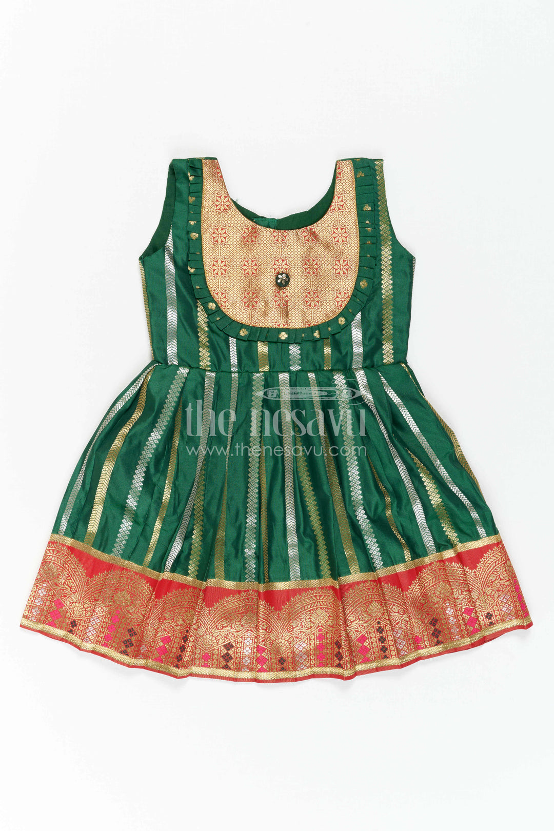 The Nesavu Girls Kanchi Silk Frock Girls Silk Frock for Wedding Receptions and Festive Occasions Nesavu 18 (2Y) / Green / Style 2 KSF046BB-18 Nesavu Girls Semi Kanchivaram Silk Frock With Grand Border For Weddings And Festive Celebrations