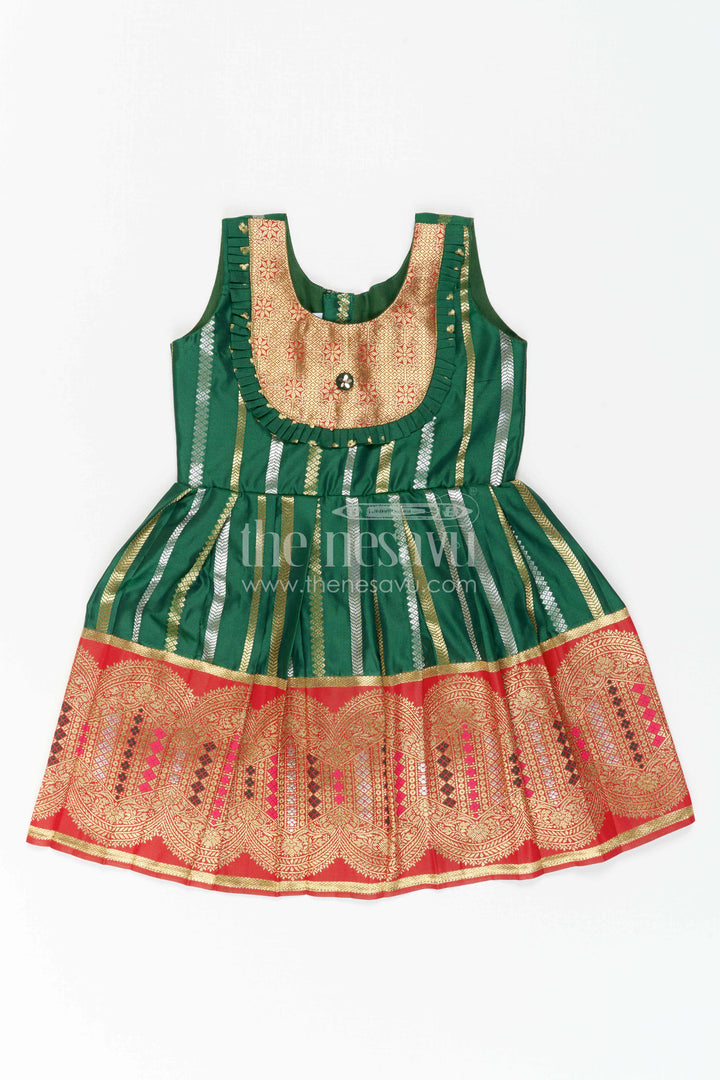 The Nesavu Girls Kanchi Silk Frock Girls Silk Frock for Wedding Receptions and Festive Occasions Nesavu 20 (3Y) / Green / Style 1 KSF046BA-20 Nesavu Girls Semi Kanchivaram Silk Frock With Grand Border For Weddings And Festive Celebrations