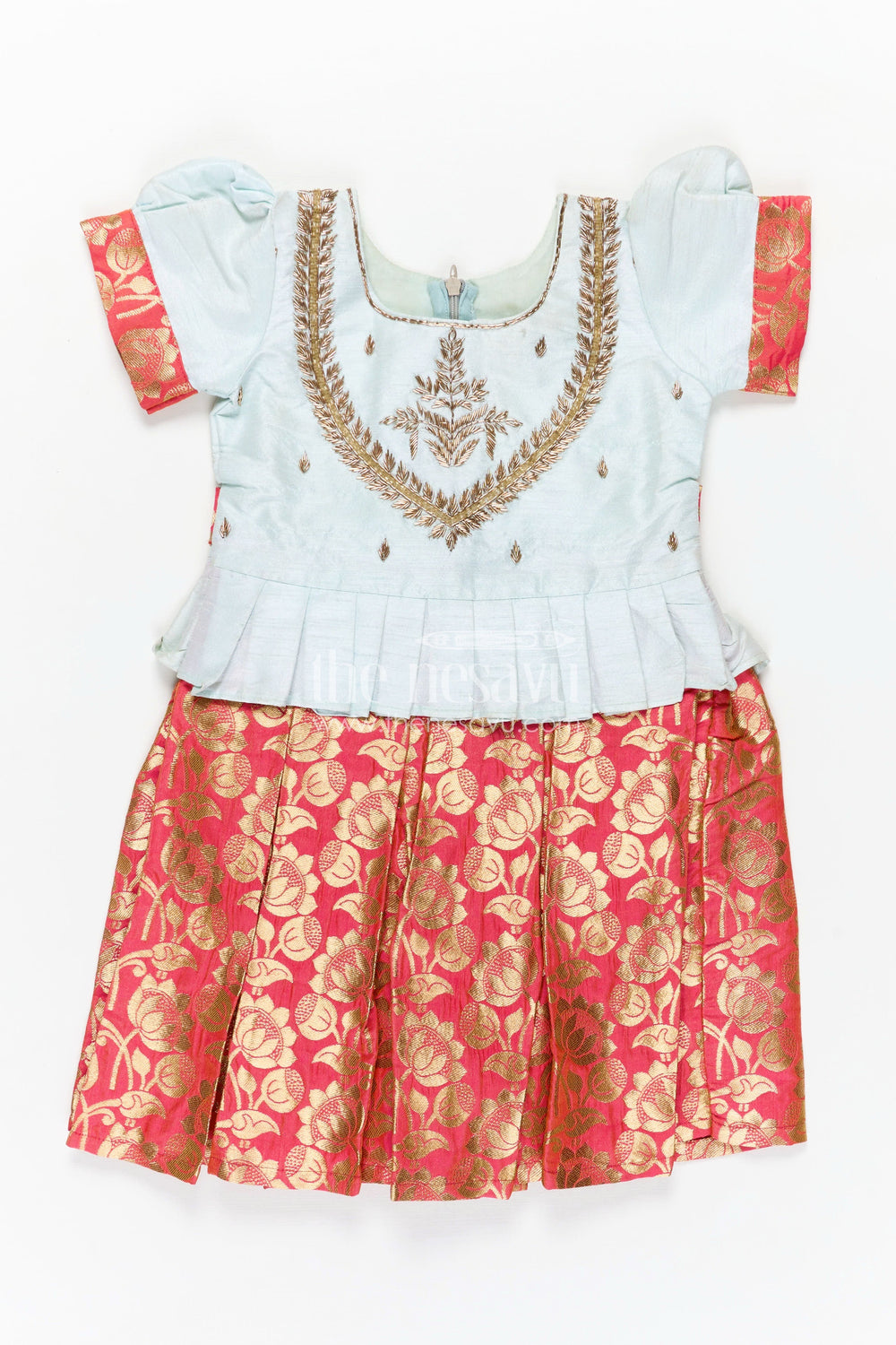 The Nesavu Silk Frock Girls Silk Frock in Light Blue with Banarasi Red Pleated Skirt Featuring Traditional frock design in silk Nesavu 16 (1Y) / Red SF782B-16 Nesavu Girls Raw Silk Banarasi Frock Blue Red Embroidery frock design silk