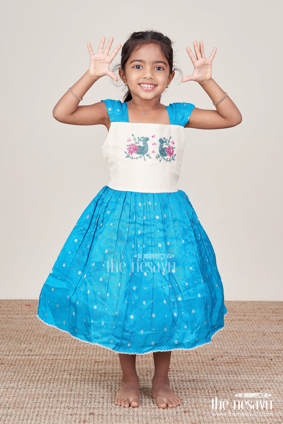 The Nesavu Silk Frock Girls Silk Frock with Tissue Bottom for Traditional Events and Functions Nesavu 16 (1Y) / Blue SF1053C-16 Nesavu girls silk frock tissue flare traditional functions festive photoshoots