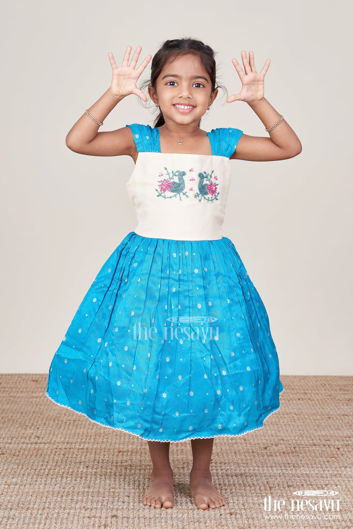 The Nesavu Silk Frock Girls Silk Frock with Tissue Bottom for Traditional Events and Functions Nesavu 16 (1Y) / Blue SF1053C-16 Nesavu girls silk frock tissue flare traditional functions festive photoshoots