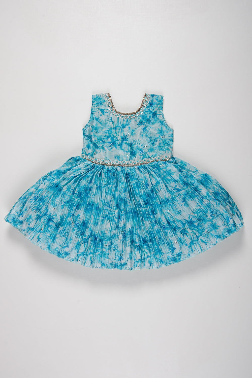 The Nesavu Silk Party Frock Girls Silk Frock with Tropical Print and Elegant Bow Detail Nesavu 18 (2Y) / Blue / Chinnon SF768A-18 Trendy Girls Silk Party Frock | Buy Fancy Silk Frocks for Girls Online | The Nesavu