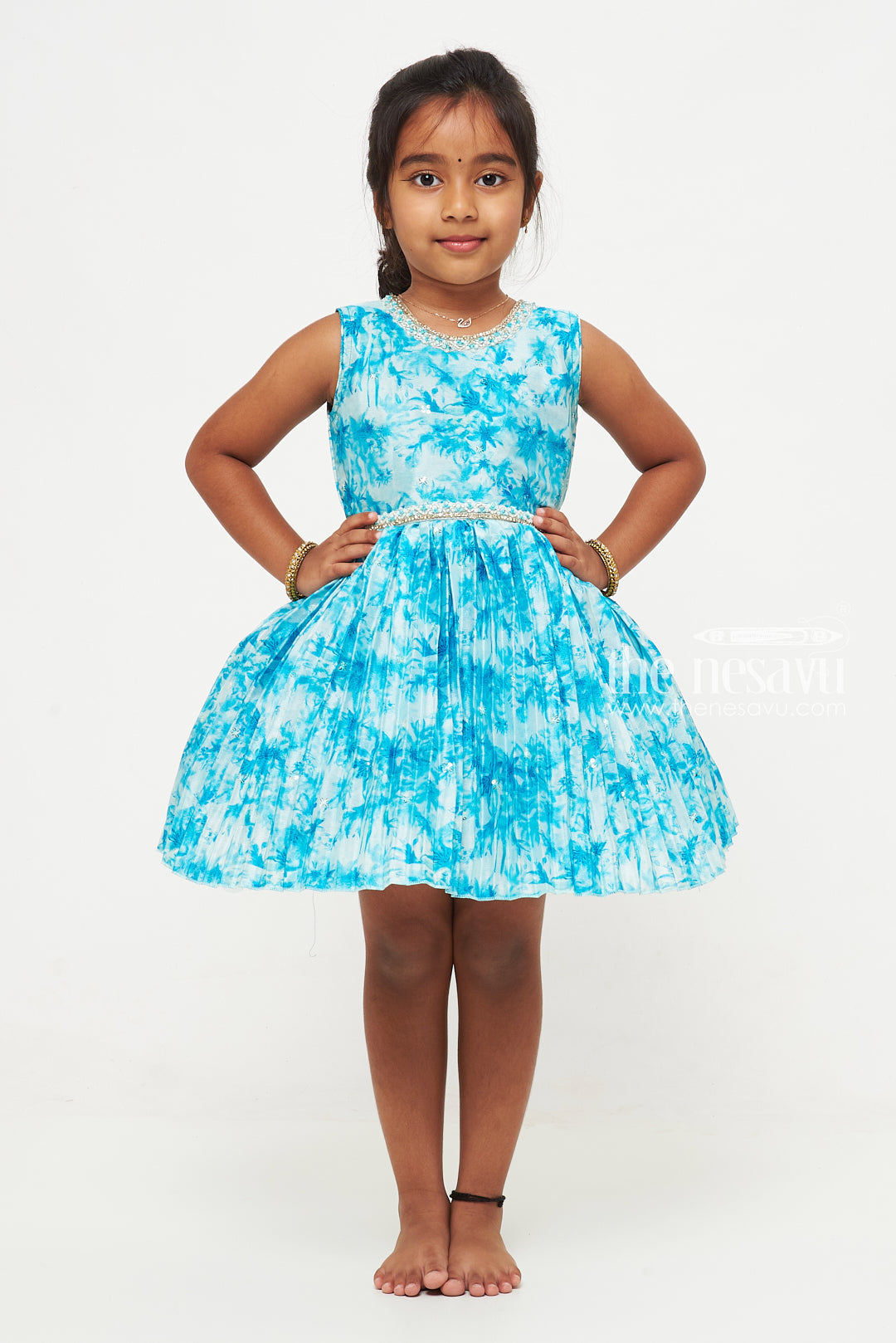 The Nesavu Silk Party Frock Girls Silk Frock with Tropical Print and Elegant Bow Detail Nesavu Trendy Girls Silk Party Frock | Buy Fancy Silk Frocks for Girls Online | The Nesavu