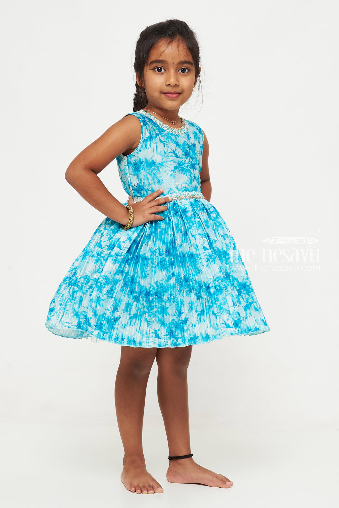 The Nesavu Silk Party Frock Girls Silk Frock with Tropical Print and Elegant Bow Detail Nesavu Trendy Girls Silk Party Frock | Buy Fancy Silk Frocks for Girls Online | The Nesavu