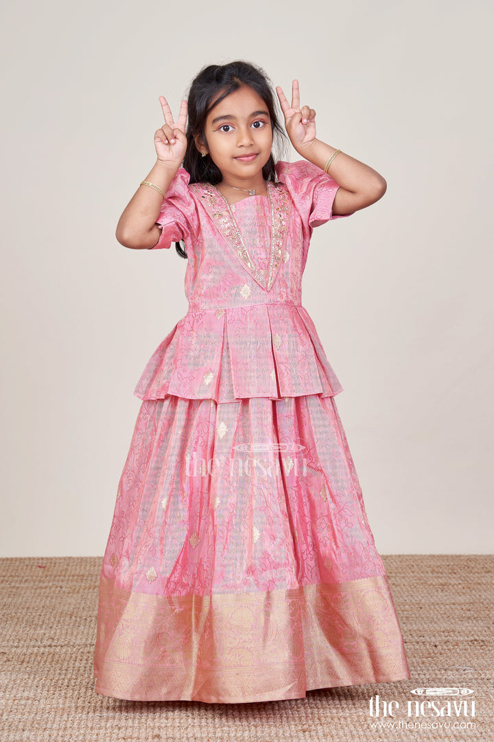The Nesavu Girls Silk Gown Girls Silk Frock with Zari Border for Weddings and Traditional Celebrations Nesavu 20 (3Y) / Pink GA346A-20 Nesavu girls silk frock broad zari border puff sleeves weddings naming ceremonies